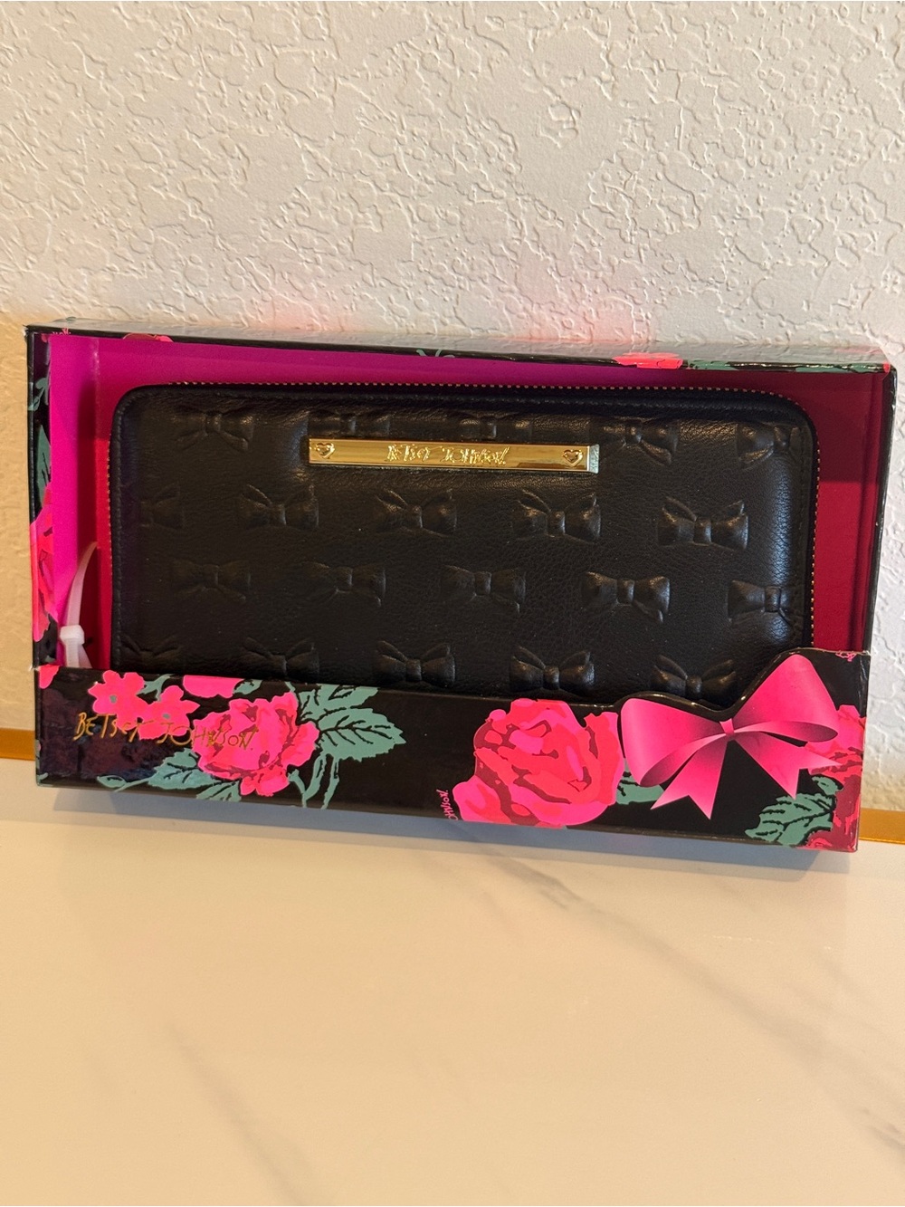 Betsey Johnson Black Embossed Bow Zip Around Wallet with Gold Plate